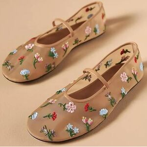Floral Embroidered Nude Mesh Ballet Flats